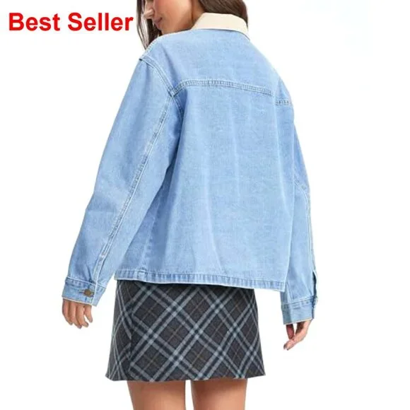 Oversized Denim Jacket Shacket with Pockets, Lightweight Spring Barn Coat